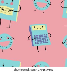 Back to school seamless pattern with cute antropomorphic copybook, calculator and  protractor on pastel pink background