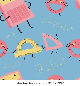 Back to school seamless pattern with cute antropomorphic calculator, angle ruler and protractor on light blue background with mathematical expressions