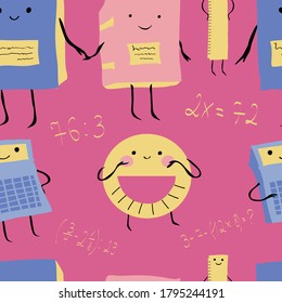 Back to school seamless pattern with cute antropomorphic books, calculator, ruler and protractor on bright pink background with mathematical expressions