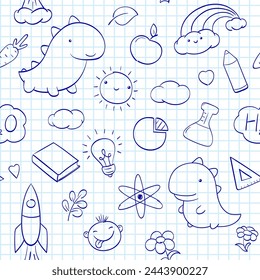Back to school. Seamless pattern with cute hand drawn sketches. Endless pattern with funny sketch on notebook page. Endless texture can be used for textile pattern fills, t-shirt design. Vector EPS8