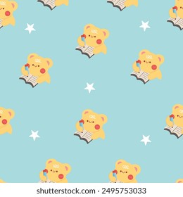 Back to school seamless pattern with cute bear writing on book with Pencil  flat illustration. Stationery cartoon style. Perfect for fabric, textile, paper, wallpaper, wrapping, etc