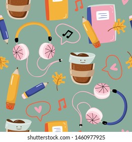 Back to school seamless pattern design with colorful utensils. Cartoon characters style. Vector illustration.