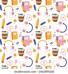 Back to school seamless pattern design with colorful utensils. Cartoon characters style. Vector illustration.