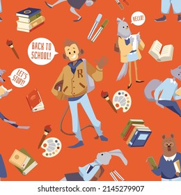 Back to school seamless pattern design with students animals characters and educational supplies, flat vector illustration. Repeatable background with animals students.