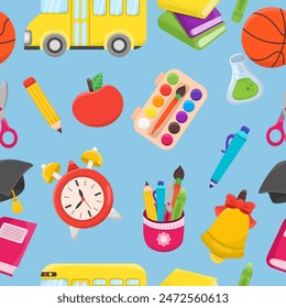 Back to school seamless pattern with different school elements. Colorful cartoon style kids design