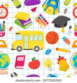 Back to school seamless pattern with different school elements, checkered background. Colorful children's design in cartoon style