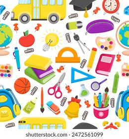 Back to school seamless pattern with different school elements. Colorful cartoon style kids design