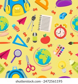 Back to school seamless pattern with different school elements. Colorful cartoon style kids design