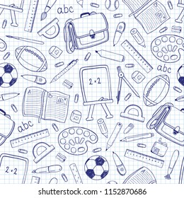 Back to school seamless pattern doodle style. Ballpoint pen drawing imitation. Stationary hand drawn elements on crossed paper background. Chalkboard, pens, pencils, eraser, sharpener, compasses etc.