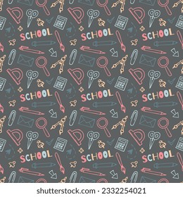 De vuelta a la escuela sin fisuras en estilo doodle. Material escolar de vectores dibujado a mano, papel de fondo gris oscuro.