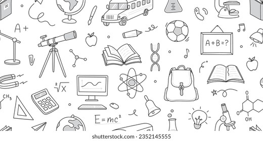 Back to school seamless pattern doodle. Hand drawn line doodle sketch style back to school background. Hand drawn book, bag, globe education elements background. Vector illustration.