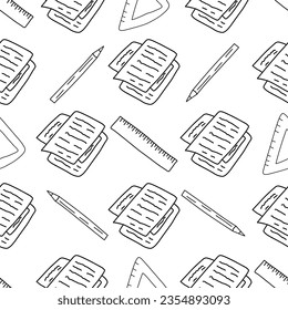 Back to school seamless pattern. Doodle school background. Teaching materials pattern with note worksheets, pencil, wooden ruler