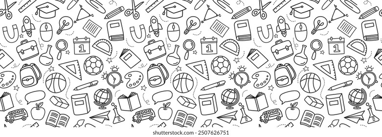 Back to school seamless pattern doodle style background. Education hand drawn objects and symbols with thin line.