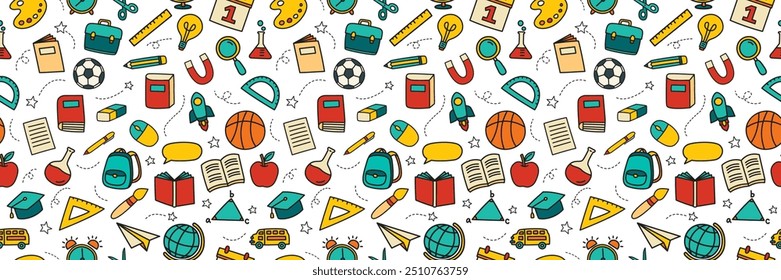 Back to school seamless pattern doodle style background. Education hand drawn objects and symbols icon.