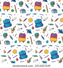 Regreso a la escuela sin patrón con herramientas de doodle: lápiz, libro, papel, bolso, gafas, manzana, pluma, sombrero de graduado, campana, globo, cuaderno e iconos de la ciencia. un patrón transparente vibrante y juguetón