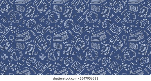 De volta à escola padrão perfeito em estilo doodle. Esboço objeto estacionário de lápis, caneta, livro, mochila, régua, globo em um fundo azul.