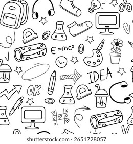 De volta à escola. Padrão contínuo com elementos de escola de doodle. Mochila, ônibus escolar, computador, caneta, lápis, clipes de papel, fórmulas, strikethrough e outros esboços mão desenhado escola elementos.