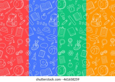 Back to School seamless pattern. School doodle collection. Hand drawn objects about school: subjects, school supplies, backpack... Isolated elements on white background. Vector illustration.