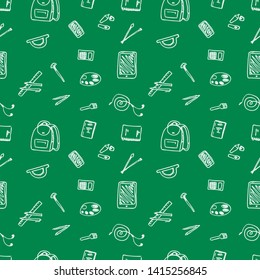 Back to School seamless pattern drawing by chalk in blackboard with school items and elements. Vector - Vector