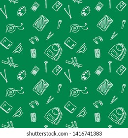 Back to School seamless pattern drawing by chalk in blackboard with school items and elements. Vector - Vector
