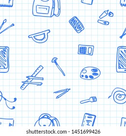 Back to School seamless pattern drawing by pen on paper with school items and elements. Vector