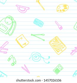 Back to School seamless pattern drawing by color pens on lined paper with school items and elements. Vector