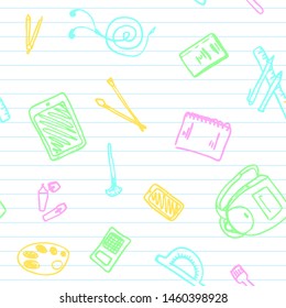 Back to School seamless pattern drawing by color pens on lined paper with school items and elements. Vector