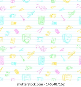 Back to School seamless pattern drawing by color pens on lined paper with school items and elements. Vector