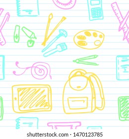 Back to School seamless pattern drawing by color pens on lined paper with school items and elements. Vector