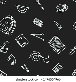 Back to School seamless pattern drawing by chalk on blackboard with school items and elements. Vector