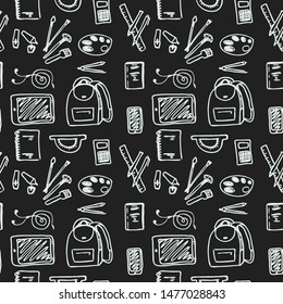 Back to School seamless pattern drawing by chalk on blackboard with school items and elements. Vector