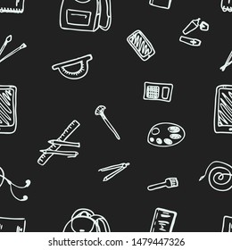 Back to School seamless pattern drawing by chalk on blackboard with school items and elements. Vector