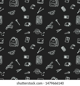 Back to School seamless pattern drawing by chalk on blackboard with school items and elements. Vector