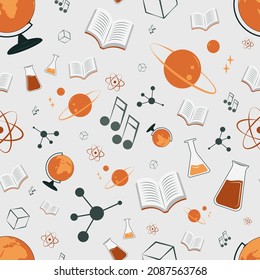 Zurück zur Schule nahtloses Muster mit Schulmaterial oder Schreibwaren auf hellem Hintergrund. Farbige, handgezeichnete Vektorgrafik im realistischen Stil für die Verpackung von Papier, Tapete, Hintergrund.