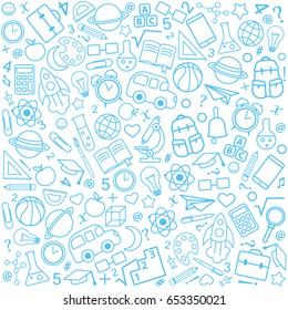 Back To School Seamless Pattern From Education, Science Objects And Office Supplies. White Vector Background With Blue Line Icons.