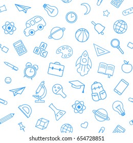 Back To School Seamless Pattern From Education, Science Objects And Office Supplies. White Vector Background With Blue Line Art Icons.