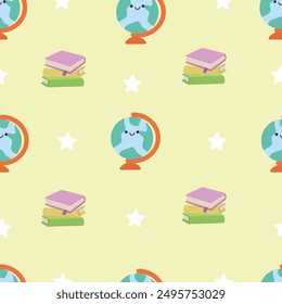 Back to school seamless pattern with globe and book object flat illustration. Stationery cartoon style. Perfect for fabric, textile, paper, wallpaper, wrapping, etc