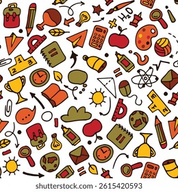 Back to school seamless pattern. Good for textile fabric design, wrapping paper and website wallpapers. School and stationery. Modern vibrant colors. Vector illustration.