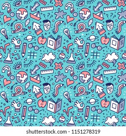 Back to school seamless pattern with hand drawn doodles.