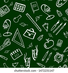 Back to school seamless pattern. Hand drawn sketchy doodle classroom supply icons. Schoolbag, pen, pencil, skates, paints, lamp, marker, scissors, glue, notebook,brush,calculator. White chalk on green