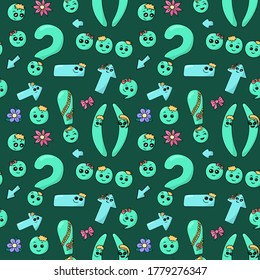Back to school seamless pattern with hand drawn cute kawaii punctuation marks and flowers. Colored endless backdrop vector illustration for fabric, cloth, print, textile, backsplash or wrapping paper