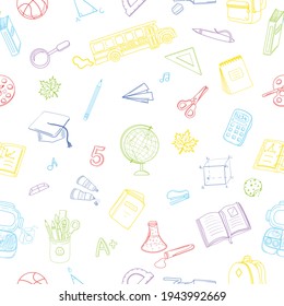 Back to school seamless pattern with hand drawn colorful school supplies and objects. You can easily change in any size and shape without seams. Vector illustration
