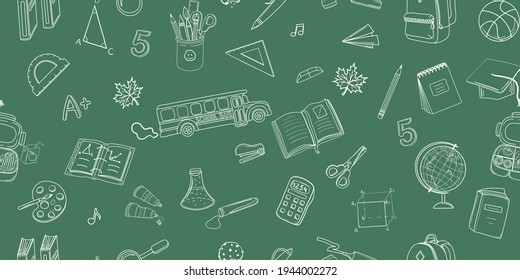 Back to school seamless pattern with hand drawn white school supplies and objects on a green background. You can easily change in any size and shape without seams. Vector illustration