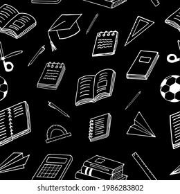 back to school seamless pattern. hand drawn doodle. vector, scandinavian, nordic, minimalism, monochrome. stationery, book, notepad, notebook, ball, paper airplane, ruler scissors graduate cap 