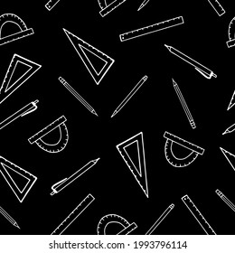 back to school seamless pattern. hand drawn doodle. vector, scandinavian, nordic, minimalism, monochrome. stationery, rulers, pen, pencil. education, wallpaper, wrapping, textiles, banner.