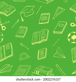 back to school seamless pattern. hand drawn doodle. vector, minimalism, cartoon. stationery, book, notepad, notebook, ball, paper airplane, ruler scissors graduate cap education wallpaper wrapping tex