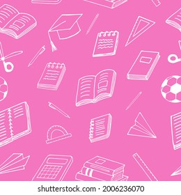 back to school seamless pattern. hand drawn doodle. vector, minimalism, cartoon. stationery, books, notepads, notebooks, ball, paper airplane, rulers, scissors, graduate cap. education, wallpaper