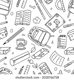 Back to school seamless pattern of hand drawn stationary accessories, books, pens, backpack, rulers, cup, paper for coloring book, poster, cards. Vector illustration.