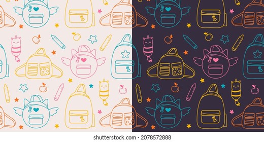 Back to school seamless pattern. Hand draw doodle illustration with backpacks. Vector