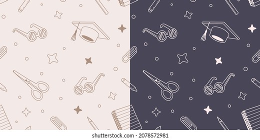 Back to school seamless pattern. Hand draw doodle illustration with school supplies. Scissors, square academic cap, glasses, pencil. Vector